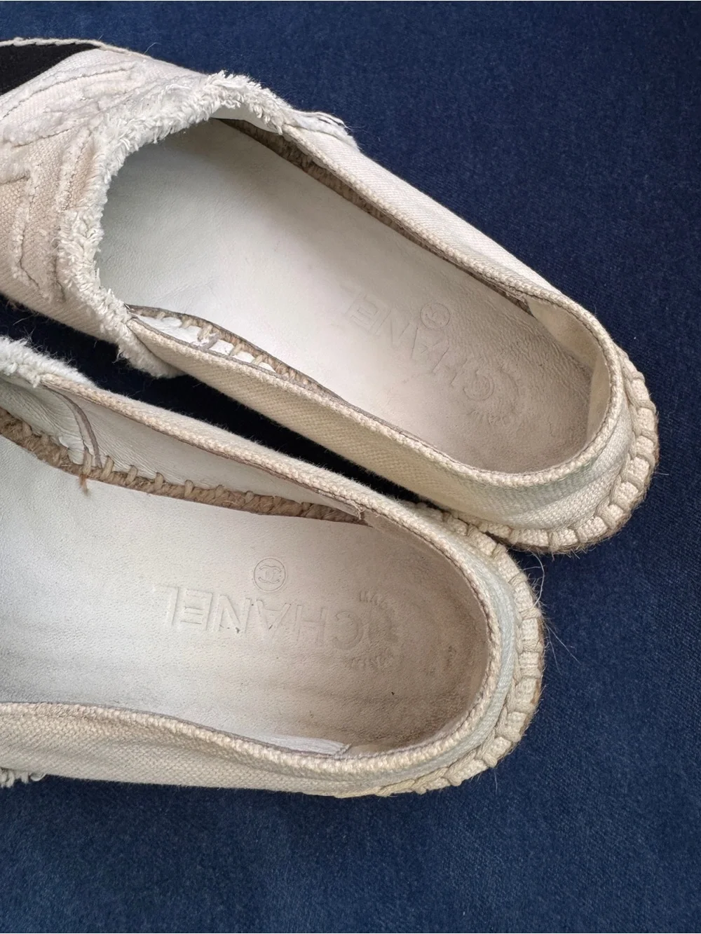 CHANEL Canvas Espadrilles Cream /Black CC Logo Size 37